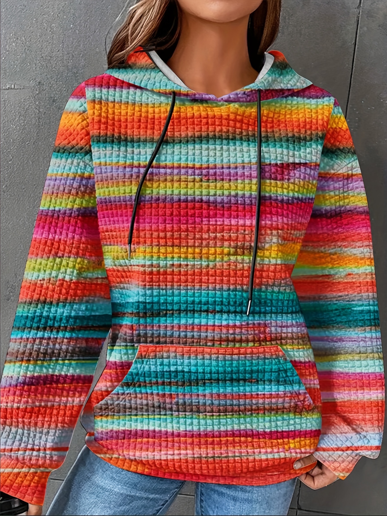 Winter Clothing Hoodie - Women's Plus Size Striped Waffle Drawstring