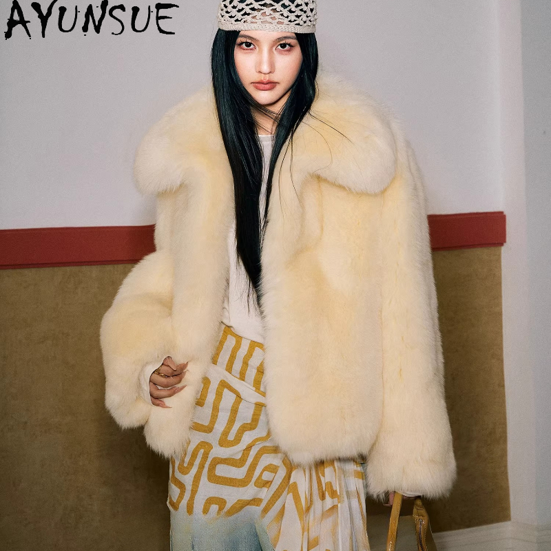 AYUNSUE Real Fox Fur Coats Wom - مراجعة Yellow Winter Clothing وسعره