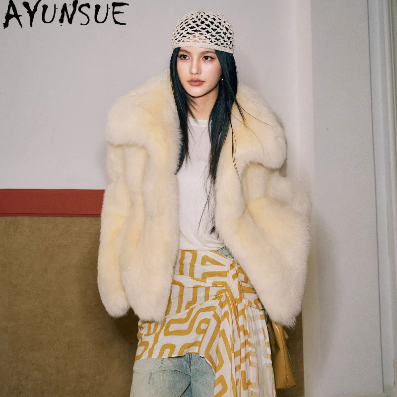 AYUNSUE Real Fox Fur Coats Wom - مراجعة Yellow Winter Clothing وسعره