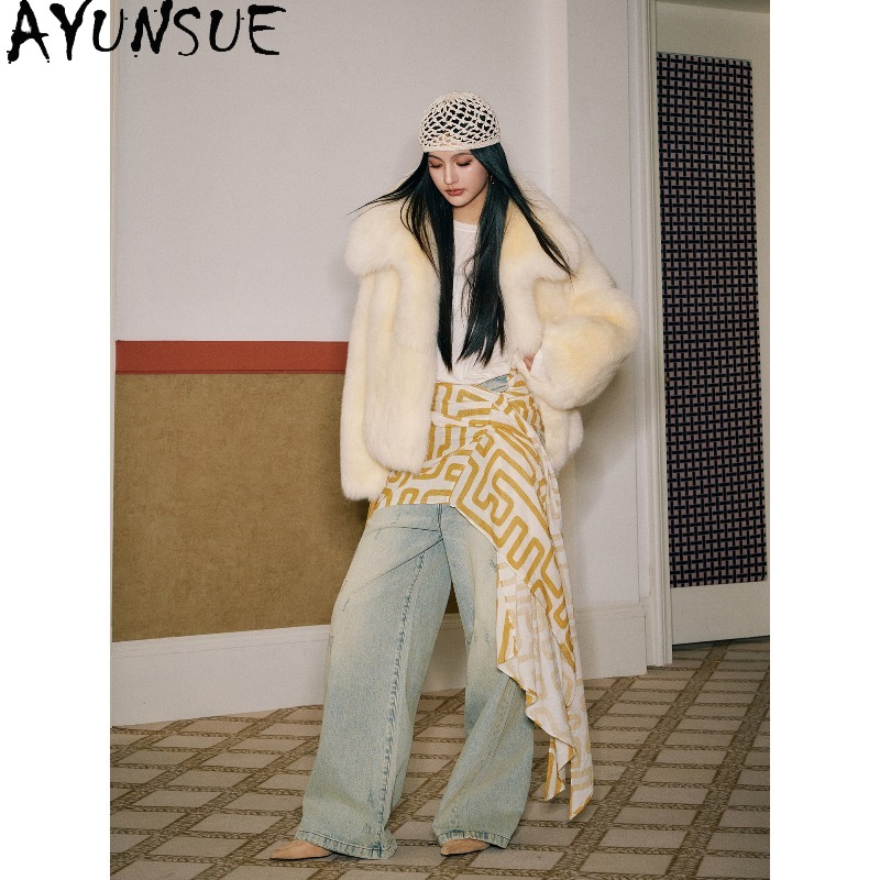AYUNSUE Real Fox Fur Coats Wom - مراجعة Yellow Winter Clothing وسعره
